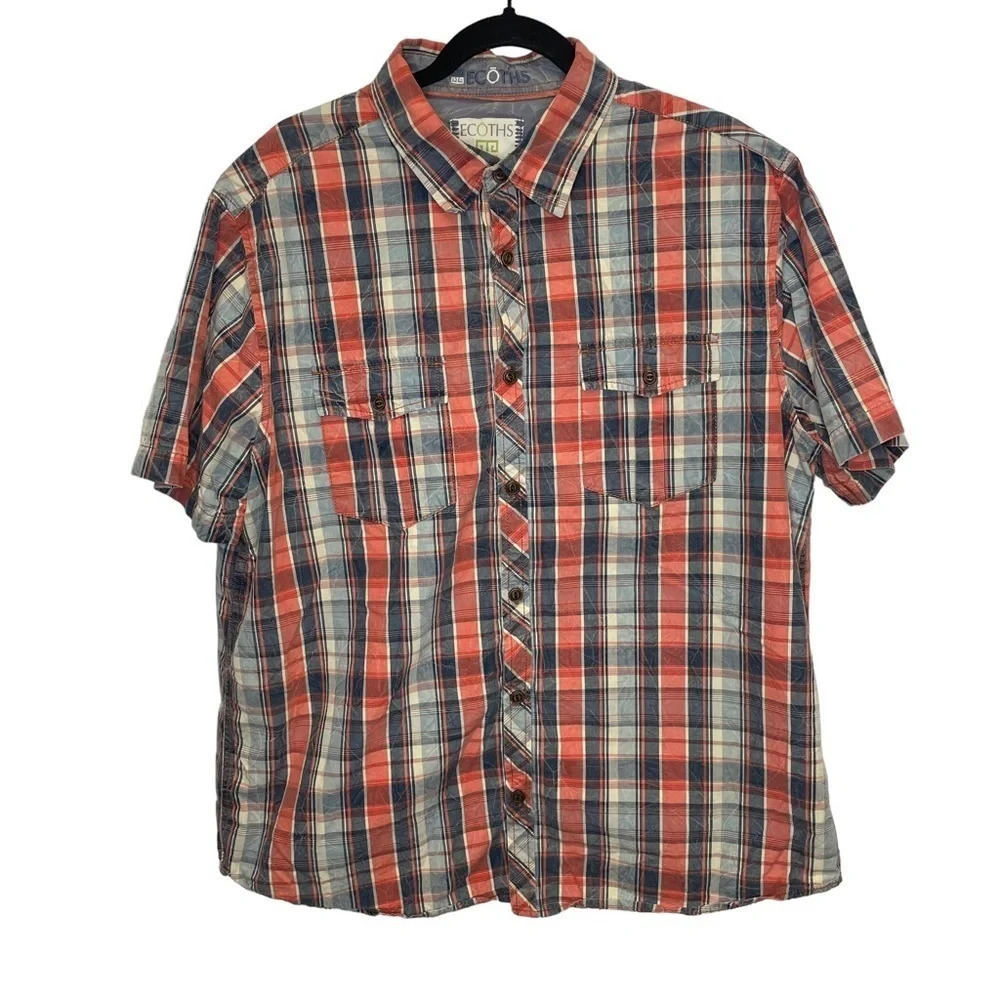 Ecoths men’s organic cotton orange plaid button up shirt short sleeve preppy